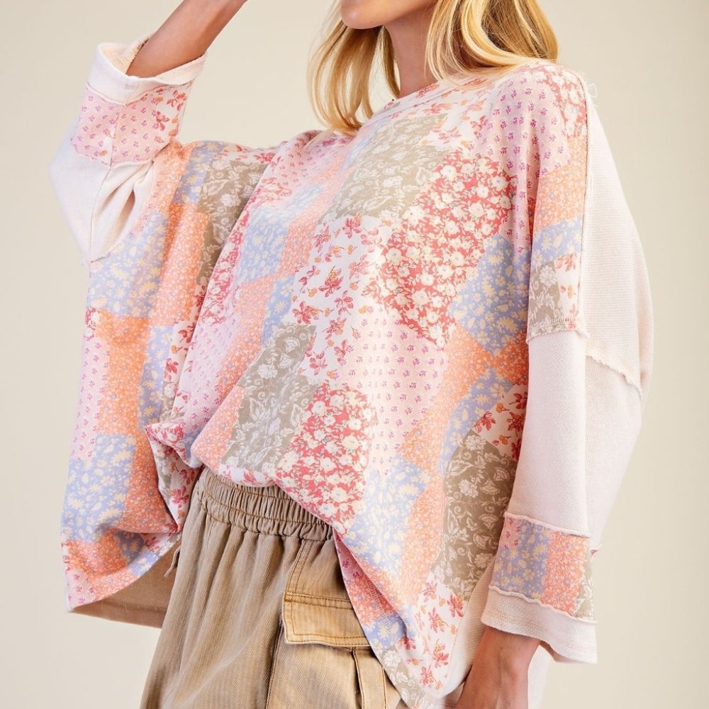 NEW EASEL PATCHWORK PRINT MIX WASHED PULLOVER FLO… - image 9